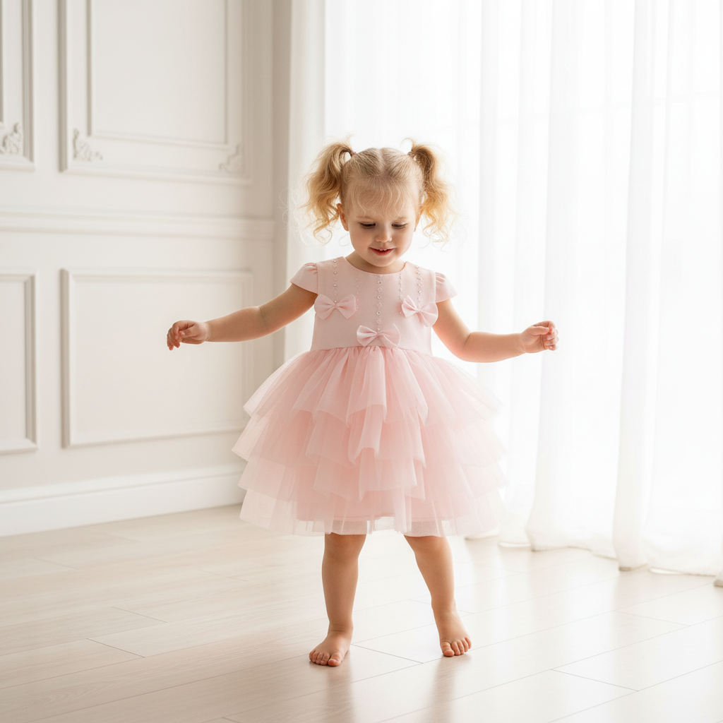 Kinderoutfit bruiloft of doop: babyroze Sofija jurk met strikjes
