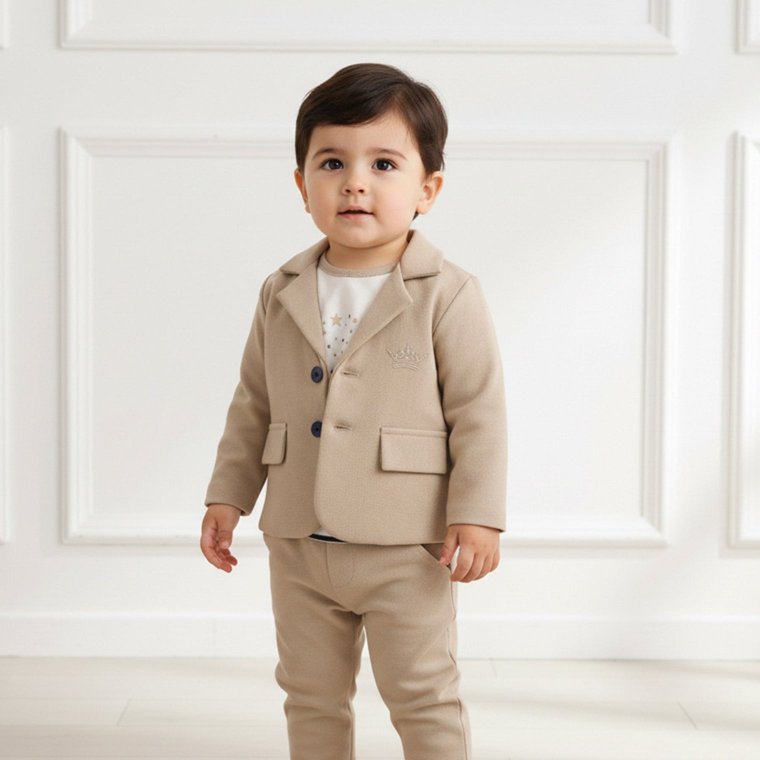 Feestkleding jongens: driedelig setje met jasje, broek en shirt in beige