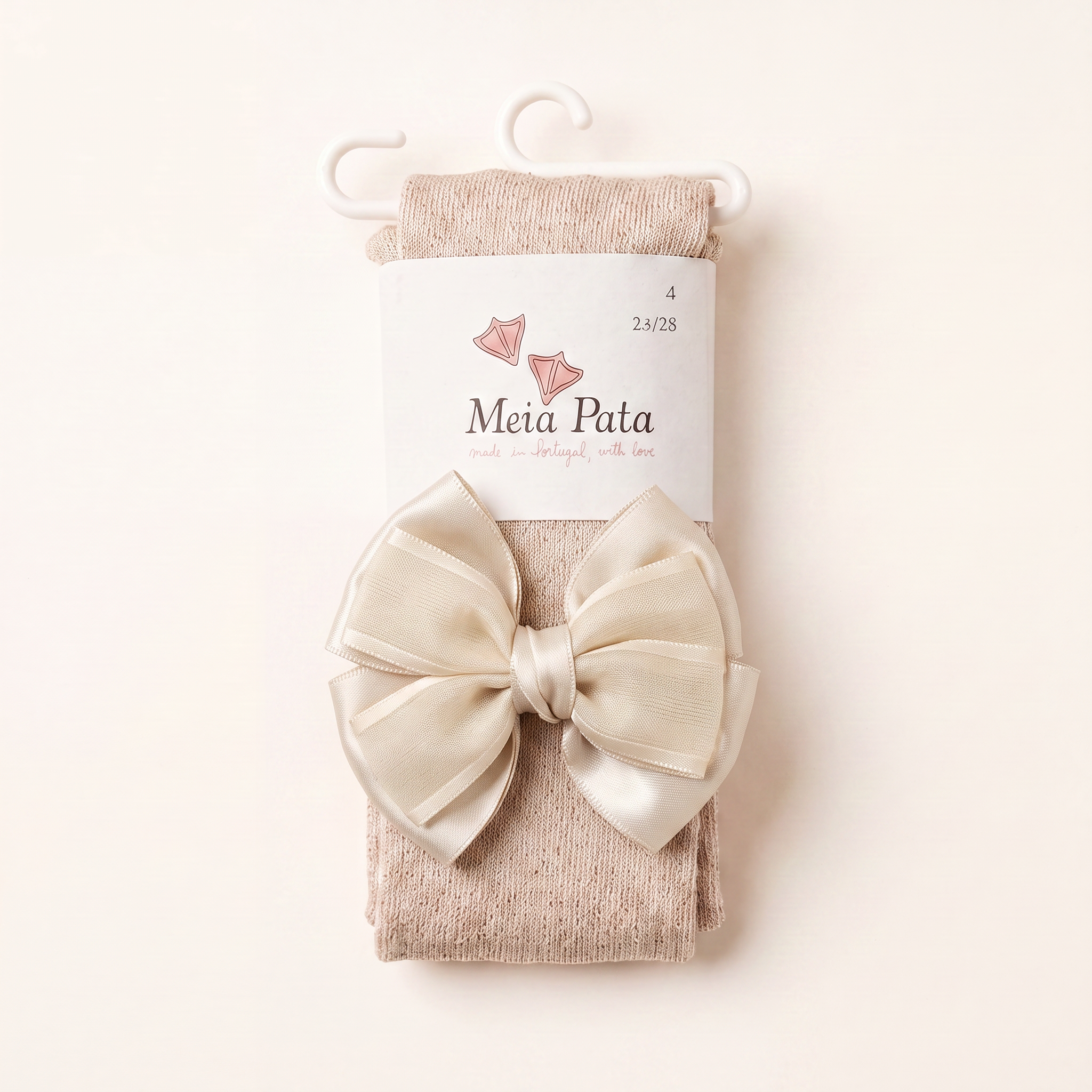 Beige Meia Pata maillot voor meisjes met dubbele strik van satijn en organza
