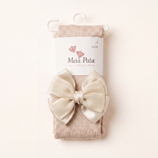 Beige Meia Pata maillot voor meisjes met dubbele strik van satijn en organza