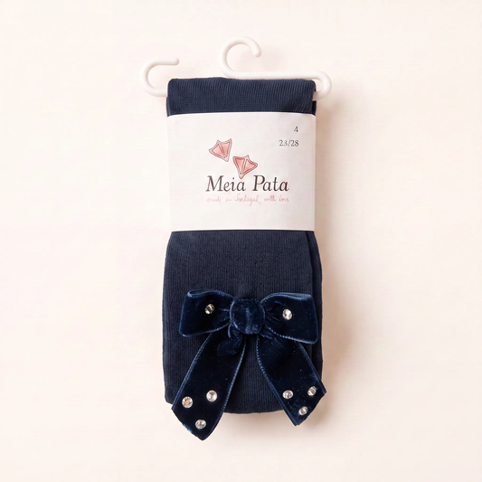 Donkerblauwe Meia Pata maillot voor meisjes met fluwelen strik en strass steentjes