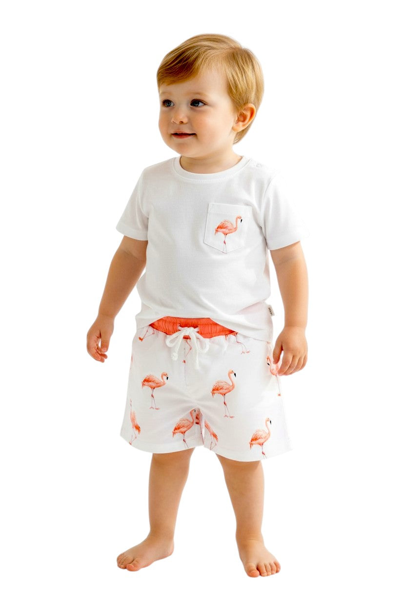 Meia Pata zwembroek jongens Flamingos — sfeershot met bijpassend shirt