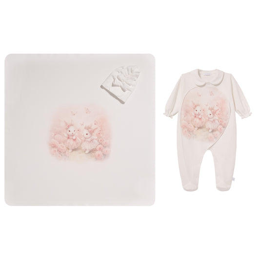 Sofija 3-delige set newborn meisjes Nel Wit/Babyroze — setfoto met cadeauverpakking